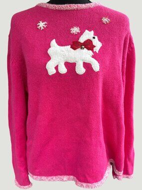 Vintage Ambra Scottie Dog Christmas Sweater XL Pink Holiday Novelty Knit